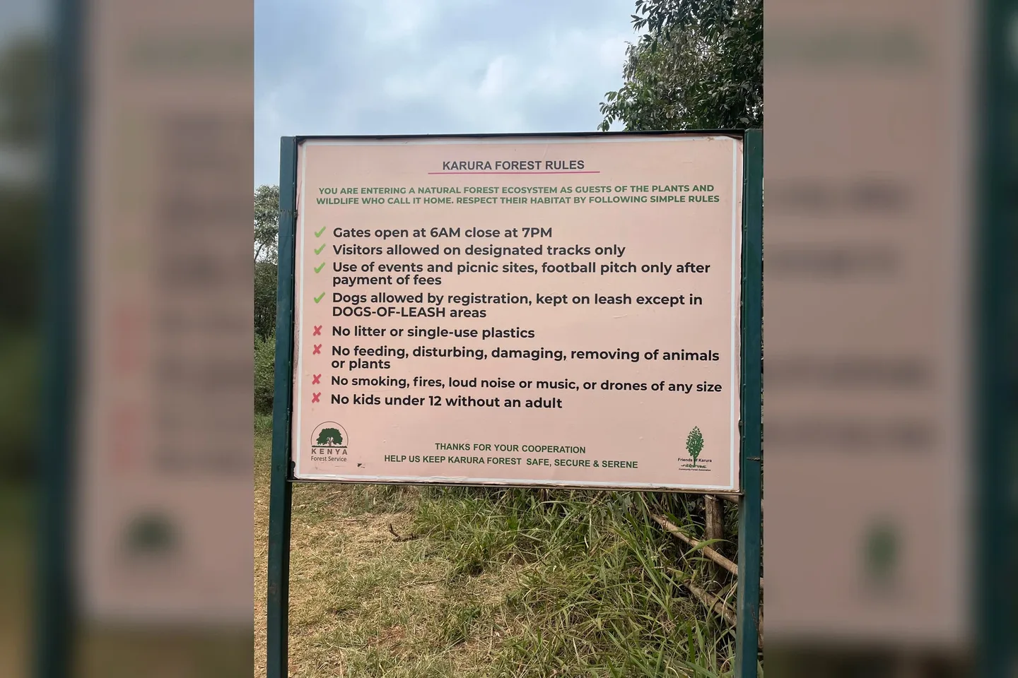 Commons identifies Karura Forest rules signage; current access rules and services require Friends of Karura/KFS confirmation.